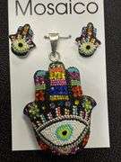 Original Handmade Mosaico Hamsa Earrings & Pendant 925 Sterling Silver Mexico Artistic Jewelry