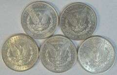 5 Diff. AU to BU Morgan Silver Dollars 1879 to 1897.