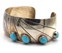 Vintage 925 sterling silver signed AME turquoise wide cuff bangle