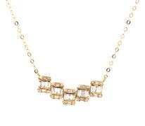 18kt Yellow gold 0.32ctw baguette and round staggered bar necklace