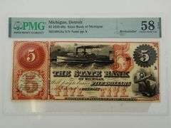 1859-1860s Detroit State Bank of Michigan $5 Remainder Note PMG58 Choice AU EPQ