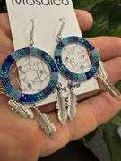 Original Handmade Mosaico Dream Catcher Dangle Earrings 925 Sterling Silver Mexico Artistic Jewelry