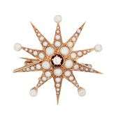 0.04ct European Cut Diamond and Seed Pearl Star Shaped Brooch in 14K