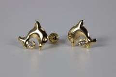 10k Yellow Gold Dolphin Stud Earrings w/ Clear CZ