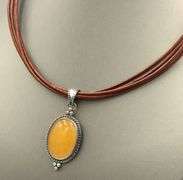 925 Sterling silver lemon quartz pendant on brown leather strand necklace