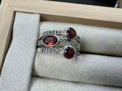 Sterling Silver 925 Natural Garnet Gemstone and Clear CZ Ring Size 6.5