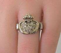 Ornate 14K White Gold Claddaugh Ring with Diamonds