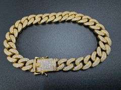 Gold Plated 925 Sterling Silver 9.5mm Miami Curb CZ Encrusted Chain New 9"
