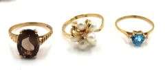 Group lot of 14kt Yellow gold gemstone rings and one pair of earrings