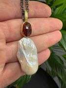 Oxidized Sterling Silver 925 Chain with Baroque Pearl & Garnet Stone 18k Gold Plating Custom Piece