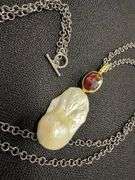 Oxidized Sterling Silver 925 Chain with Baroque Pearl & Garnet Stone 18k Gold Plating Custom Piece