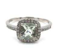14kt White gold cushion Prasiolite diamond halo cocktail ring