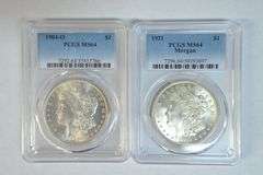 Bright-white near Gem BU 1904-O & 1921 Morgan Dollars. PCGS MS64