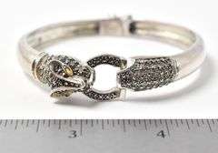 Marcasite Gemstone Jaguar Hinged Bangle Bracelet in Sterling Silver. 23.1 grams.