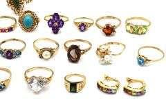 Group lot of 14kt Yellow gold gemstone rings and one pair of earrings