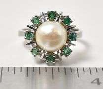 Fancy 14K White Gold Pearl and Emerald Ring