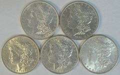 5 Diff. AU to BU Morgan Silver Dollars 1879 to 1897.