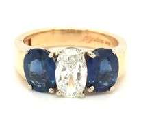 14kt Yellow gold 1.22ct oval diamond and 3.50ctw oval sapphire 3 stone super fit ring