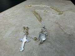 925 Sterling Silver Rosary Bead Chain Gold-Tone Necklace Catholic Jewelry
