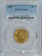 Vibrant Choice BU 1907 $5 Liberty Gold Piece. PCGS MS63