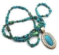 925 Sterling silver signed turquoise pendant on turquoise beaded chain necklace
