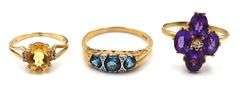 Group lot of 14kt Yellow gold gemstone rings and one pair of earrings