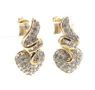 14kt Yellow gold pave and baguette diamond swirl heart dangle earrings