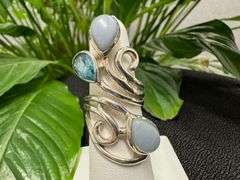 Sterling Silver 925 Natural Gemstone Blue Topaz and Angelite Ring Size 6.5 Adjustable