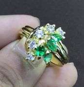 18K Yellow Gold Ladies Ring with Emeralds and CZs