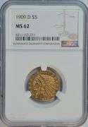 Original Choice BU 1909-D $5 Indian Gold Piece. NGC MS62
