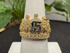10k Yellow Gold White CZ Crown Quinceanera 15 Ring Size 7