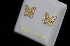10k Yellow Gold White CZ Butterfly Cute Stud Earrings