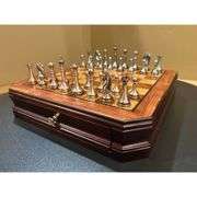 Wooden Chess Set with Metal Pieces and Storage Drawers