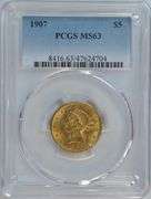 Blazing Choice BU 1907 $5 Liberty Gold Piece. PCGS MS63
