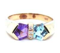 14kt Yellow gold Fancy aquamarine, amethyst and diamond ring