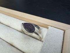 Sterling Silver 925 Titanium Coated Druzy Agate Crystal Stone Ring Adjustable Spoon Band