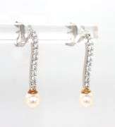 14kt White gold diamond bar pearl dangle earrings