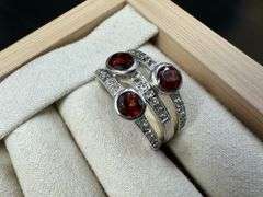 Sterling Silver 925 Natural Garnet Gemstone and Clear CZ Ring Size 6.5