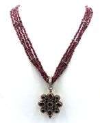 925 Sterling silver signed garnet pendant on multi strand garnet beaded necklace