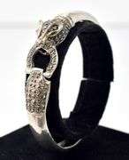 Marcasite Gemstone Jaguar Hinged Bangle Bracelet in Sterling Silver. 23.1 grams.