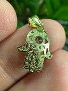 10k Yellow Gold Ornate Hamsa Amulet Pendant with Clear CZ Protection Charm
