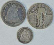 1871 Seated Half Dime, 1857 Seated Quarter, & 1927-D Standing Quarter