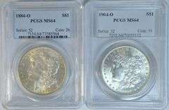 Nearly Gem BU 1884-O & 1904-O Morgan Silver Dollars. PCGS MS64