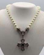 Judith Ripka pearl strand necklace with cross pendant