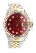 Rolex date just 36mm 2-tone aftermarket red dial and diamond bezel in Jubilee bracelet watch