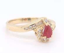 14kt Yellow Gold Pear Shaped Ruby and Diamond Bypass Ring