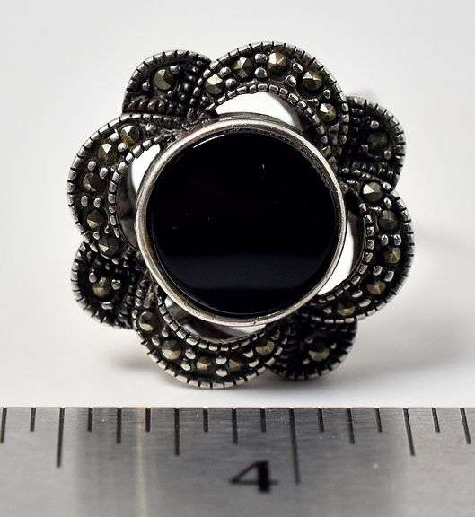 Onyx and Marcasite Ring in Sterling Silver