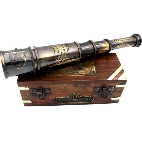 Brass Pirate Spyglass Telescope with Engraved Wooden Box