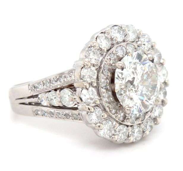 14KT White gold 3.23ct RBC with 2.75ctw double halo diamond engagement ring