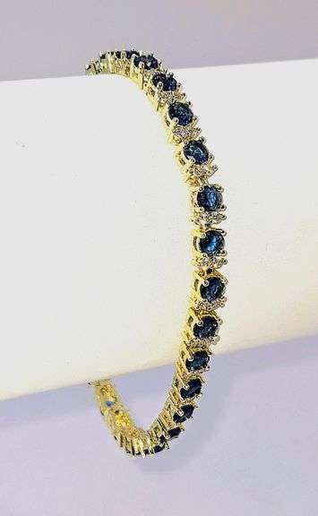18 Kt Yellow Gold Plated Lab Simulated Deep Violet Blue Tanzanite and Diamond Tennis Bracelet